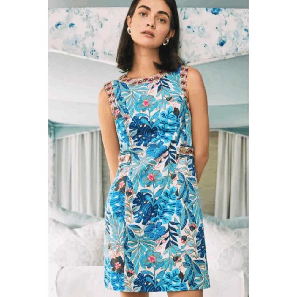 NWT Lilly Pulitzer Juno Stretch Shift Dress- Breezy Aqua Best Fronds Forever Eng